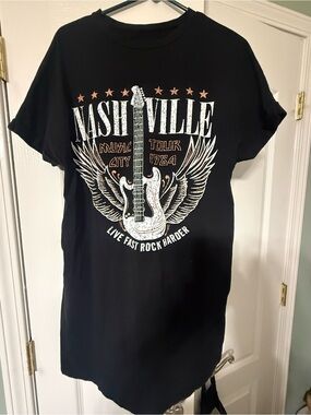 Nashville Graphic Tee — Black with White & Orange Guitar Design